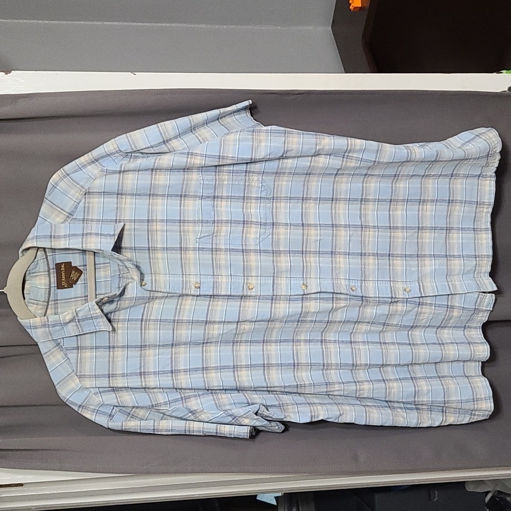 St. John's Bay Mens Shirt Short Sleeve Buttons Blue Tan Plaid Pocket Sz 3XL EUC